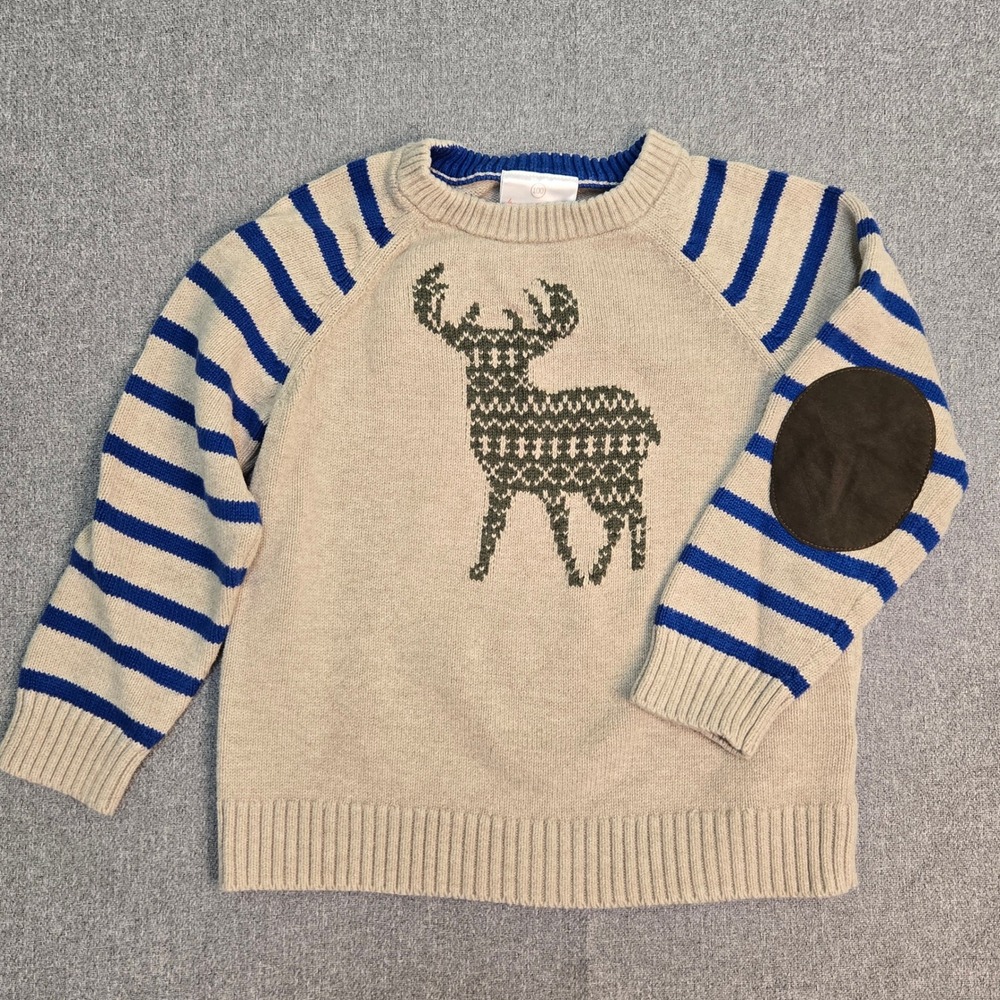 Hanna Andersson Reindeer Sweater Elbow Patches Kids Size 100 Navy Blue Striped